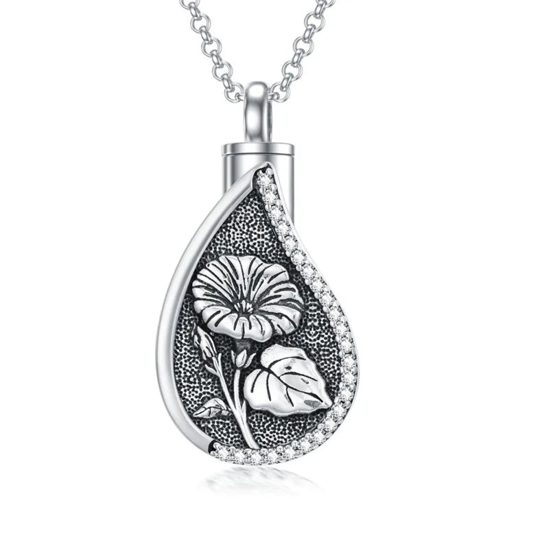 Sterling Silver Personalized Engraved Teardrop Birth Flower Urn Necklace for Ashes