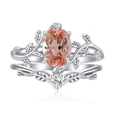 Sterling Silver Oval Shaped  Leaf Gemstone Engagement Rings Set for Women