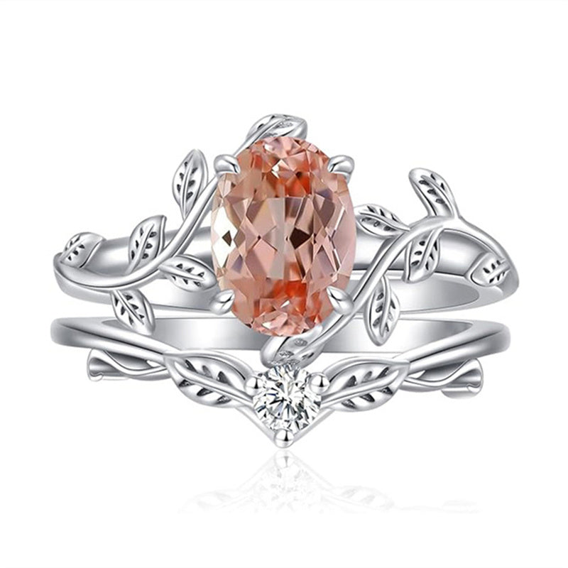 Sterling Silver Oval Shaped  Leaf Gemstone Engagement Rings Set for Women