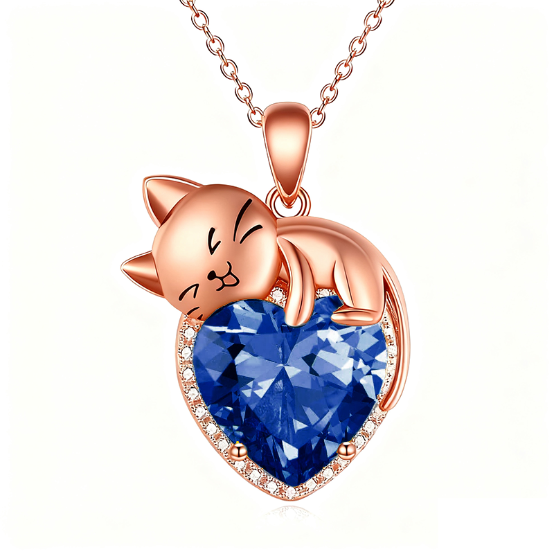 Sterling Silver Heart Birthstone Cat Pendant Necklace