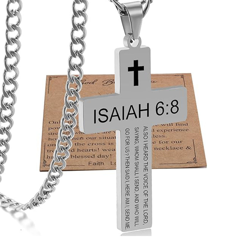 Stainless Steel Bible Verse Cross Necklace for Men with Cuban Chain
