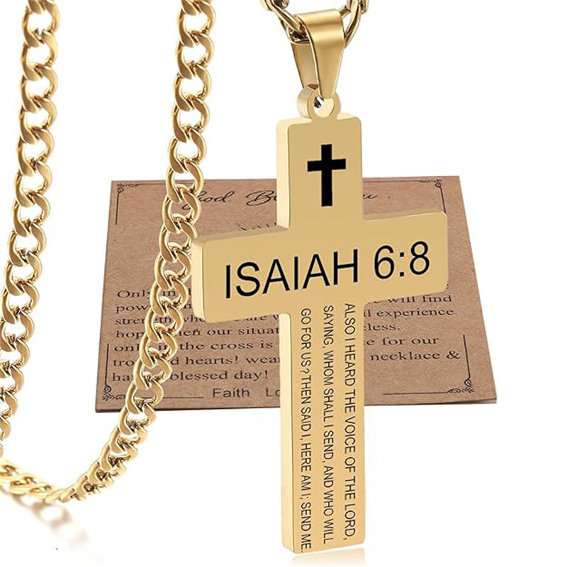 Stainless Steel Bible Verse Cross Necklace for Men with Cuban Chain