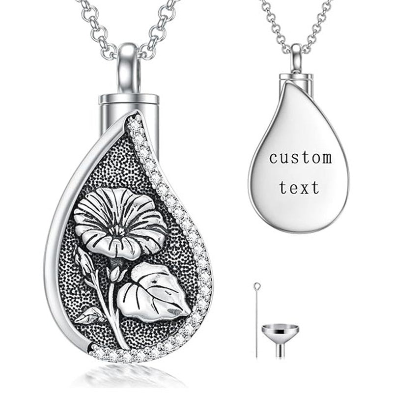 Sterling Silver Personalized Engraved Teardrop Birth Flower Urn Necklace for Ashes