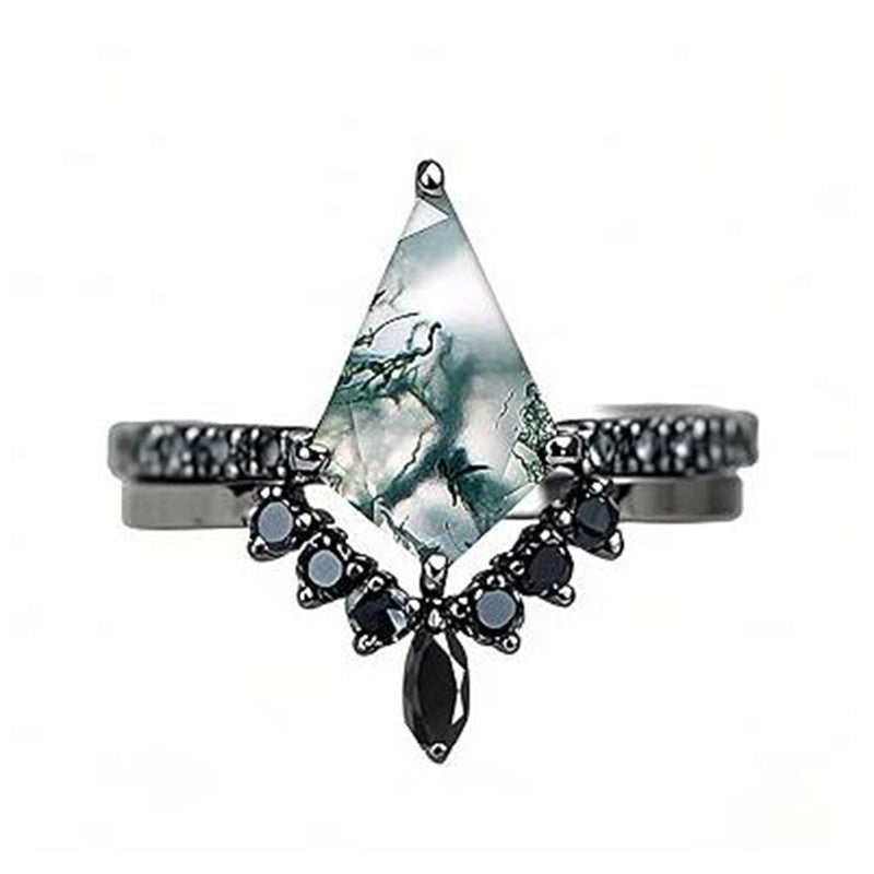 Sterling Silver Personalized Engraved 10K 14K 18K Gold Kite Moss Agate Bridal Promise Wedding Ring Set