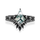 Sterling Silver Personalized Engraved 10K 14K 18K Gold Kite Moss Agate Bridal Promise Wedding Ring Set