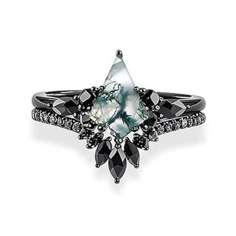 Sterling Silver Personalized Engraved 10K 14K 18K Gold Kite Moss Agate Bridal Promise Wedding Ring Set