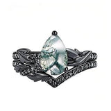 Sterling Silver Personalized Engraved 10K 14K 18K Gold Kite Moss Agate Bridal Promise Wedding Ring Set