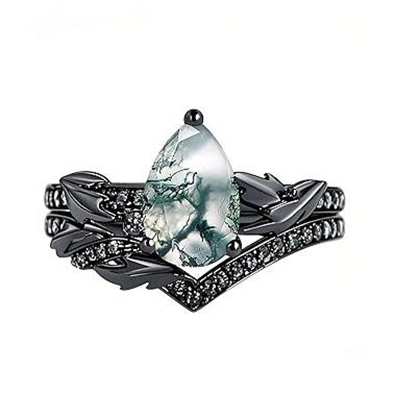 Sterling Silver Personalized Engraved 10K 14K 18K Gold Kite Moss Agate Bridal Promise Wedding Ring Set