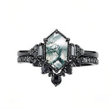 Sterling Silver Personalized Engraved 10K 14K 18K Gold Kite Moss Agate Bridal Promise Wedding Ring Set