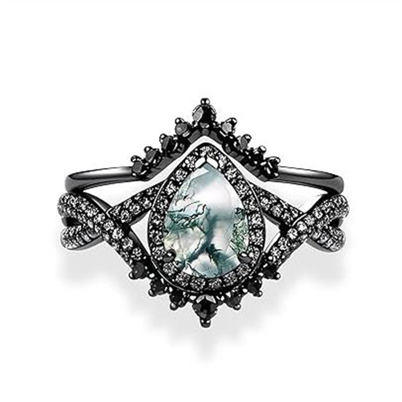 Sterling Silver Personalized Engraved 10K 14K 18K Gold Kite Moss Agate Bridal Promise Wedding Ring Set