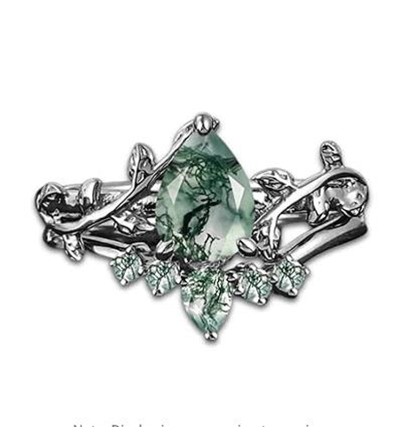 Sterling Silver Pear Natural Moss Agate Engagement Ring Set Wedding Ring