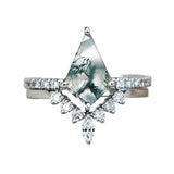 Sterling Silver Personalized Engraved 10K 14K 18K Gold Kite Moss Agate Bridal Promise Wedding Ring Set