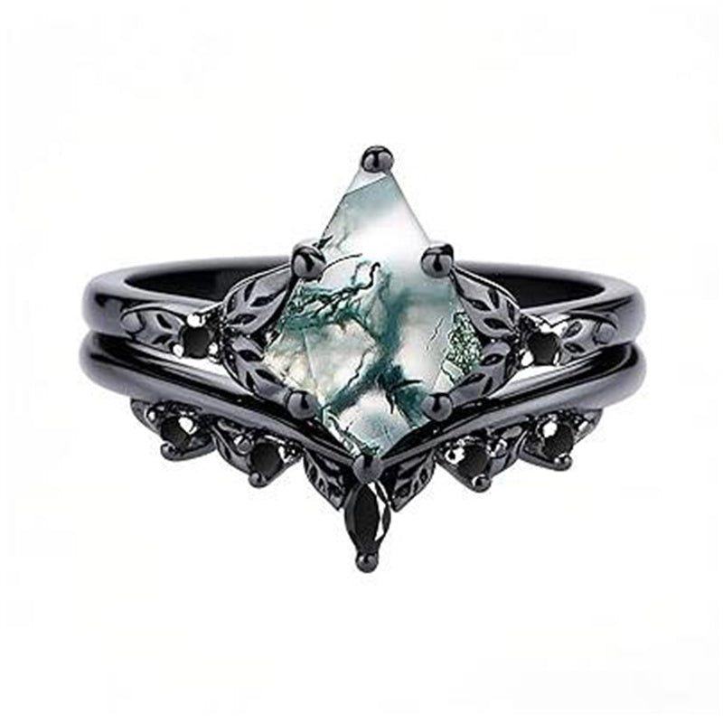 Sterling Silver Personalized Engraved 10K 14K 18K Gold Kite Moss Agate Bridal Promise Wedding Ring Set