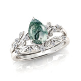 Sterling Silver Heart Moss Agate Set Engagement Wedding Ring