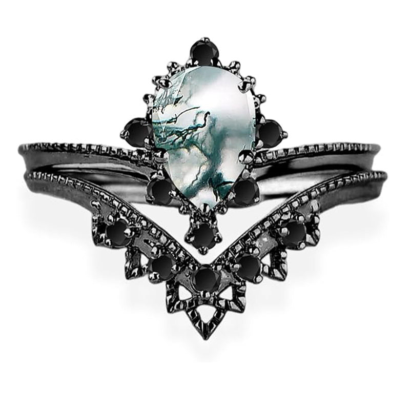 Sterling Silver Personalized Engraved 10K 14K 18K Gold Kite Moss Agate Bridal Promise Wedding Ring Set