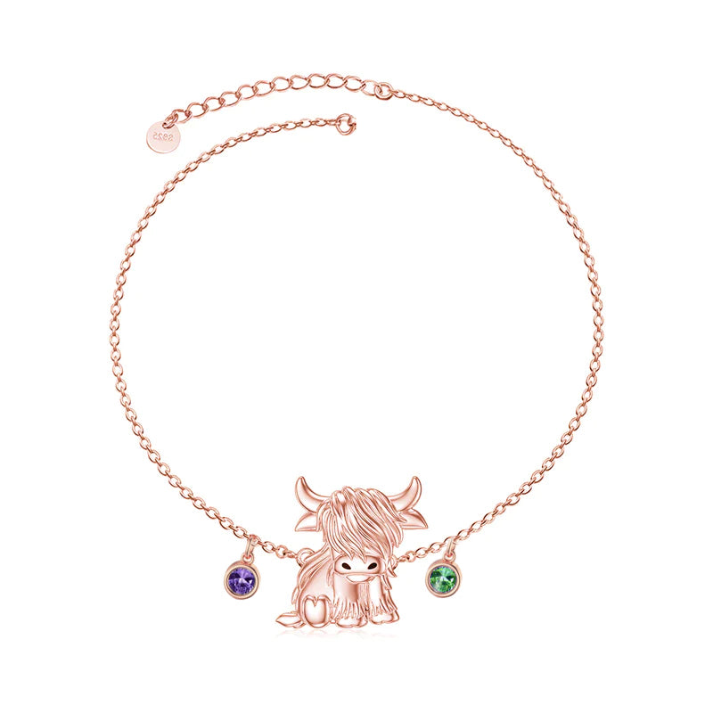Sterling Silver Birthstone Highland Cow Single Layer Anklet