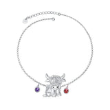 Sterling Silver Birthstone Highland Cow Single Layer Anklet