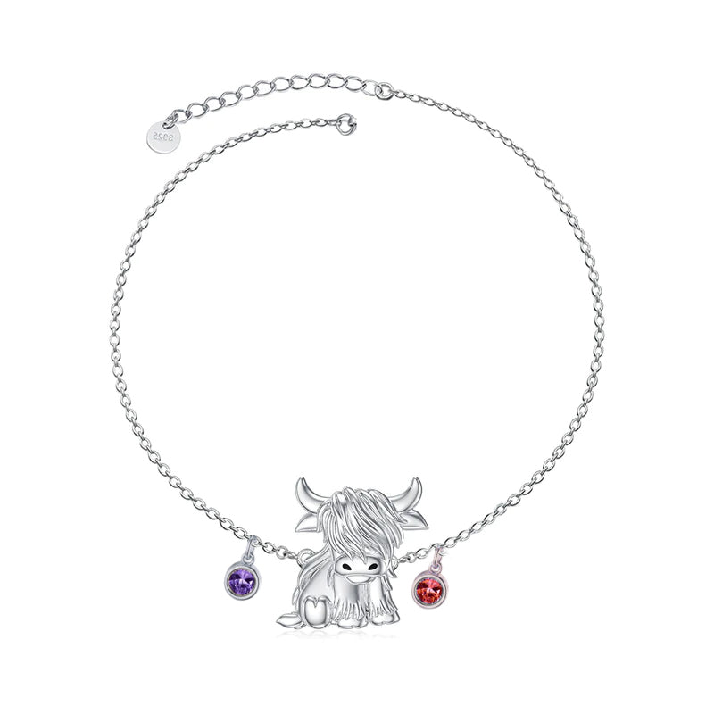 Sterling Silver Birthstone Highland Cow Single Layer Anklet
