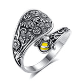 Sterling Silver Personalized Engraved Sunflower Bee Butterfly Adjustable Spoon Ring