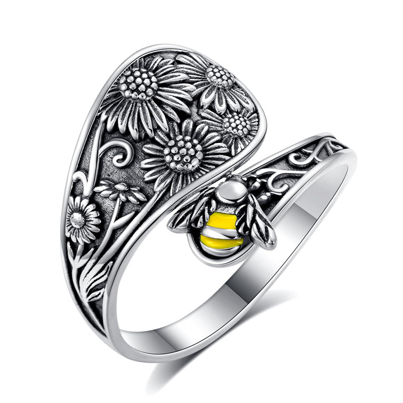 Sterling Silver Personalized Engraved Sunflower Bee Butterfly Adjustable Spoon Ring
