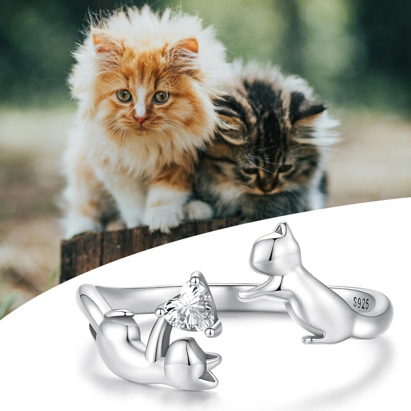 Sterling Silver Cute Cat Adjustable Ring for Women