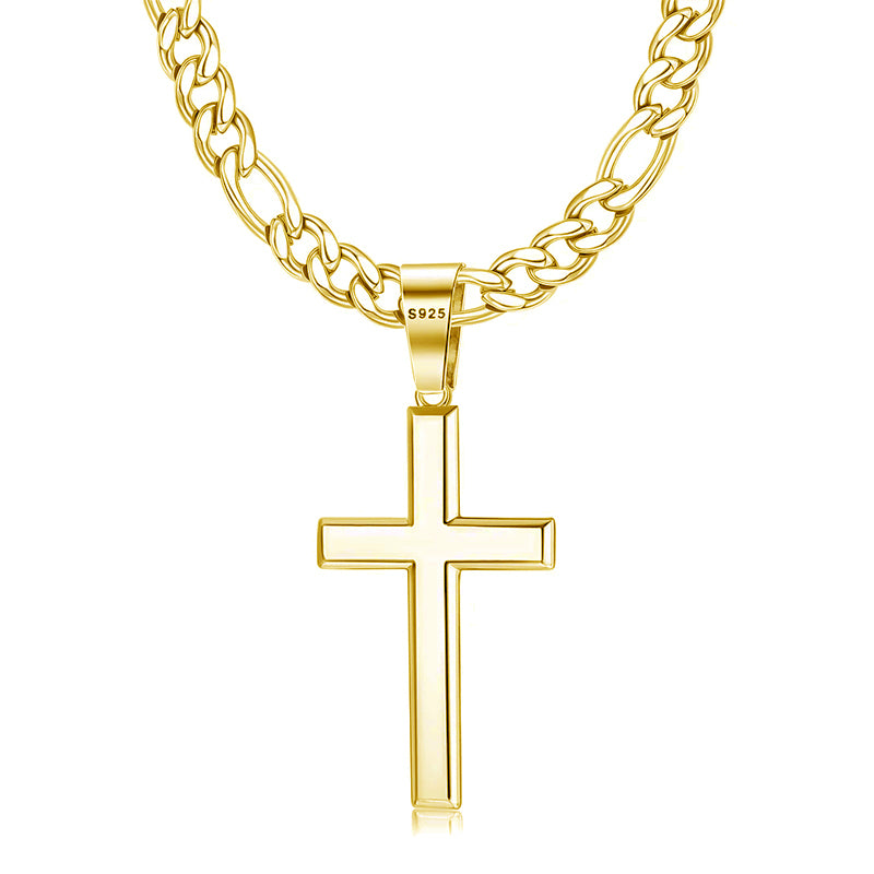 Sterling Silver Cross 5mm Stainless Steel Diamond-Cut Durable Figaro Chain Pendant Necklace