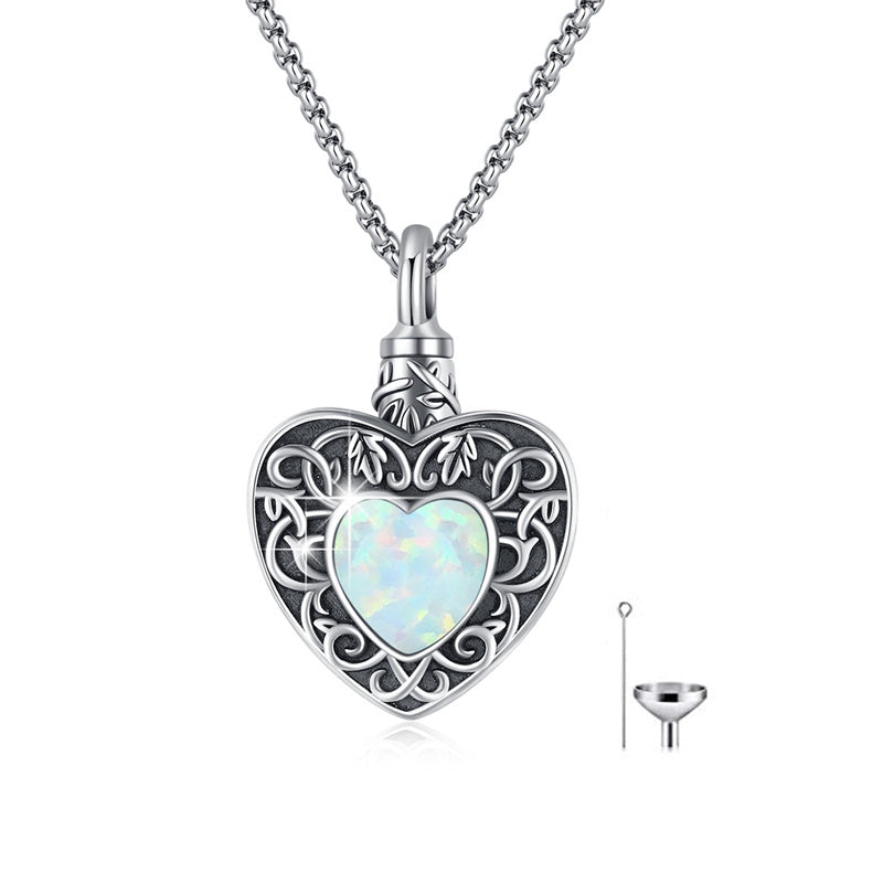 Sterling Silver Heart Opal Tree of Life Urn Necklace for Ashes