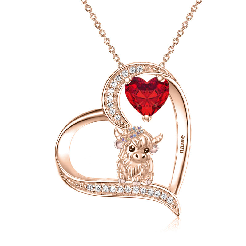 Sterling silver Heart Round Birthstone Highland Cow Pendant Necklace