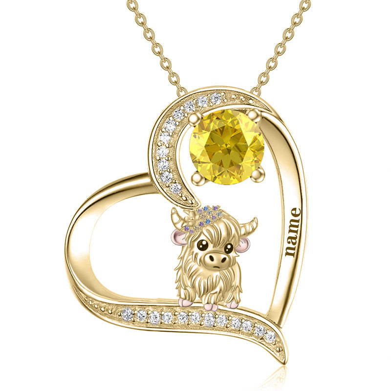 Sterling silver Heart Round Birthstone Highland Cow Pendant Necklace