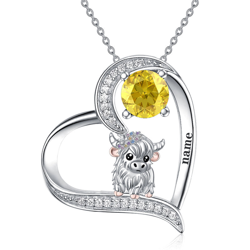 Sterling silver Heart Round Birthstone Highland Cow Pendant Necklace