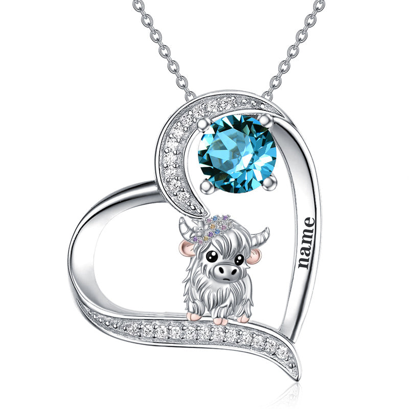 Sterling silver Heart Round Birthstone Highland Cow Pendant Necklace