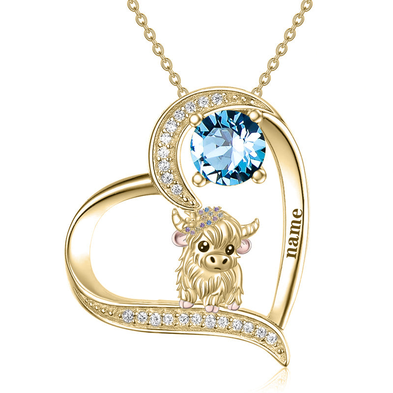 Sterling silver Heart Round Birthstone Highland Cow Pendant Necklace