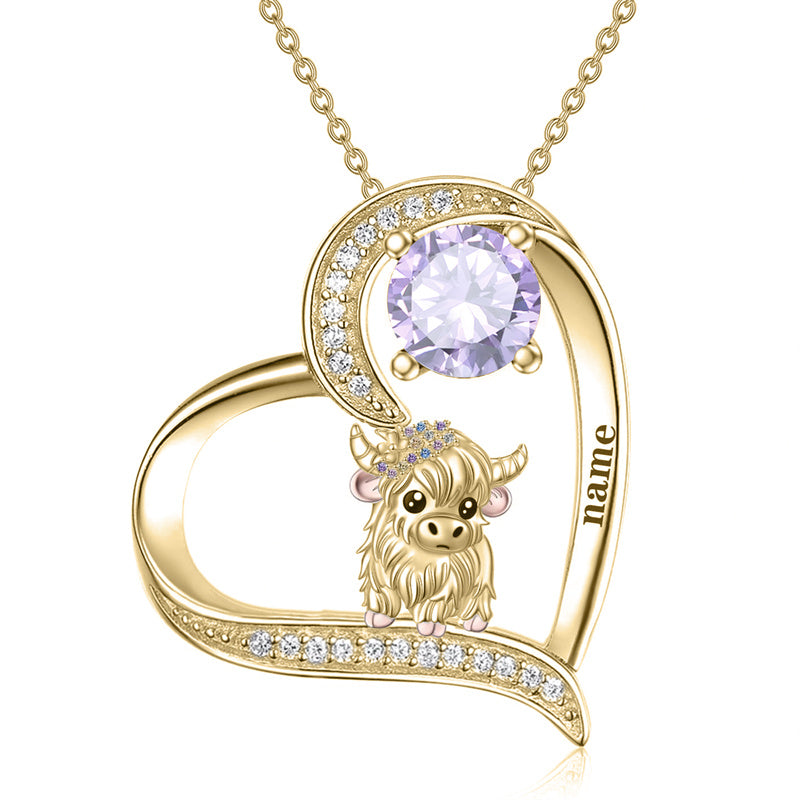 Sterling silver Heart Round Birthstone Highland Cow Pendant Necklace