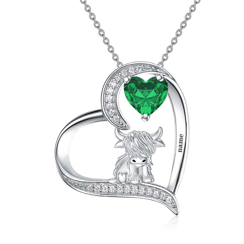 Sterling silver Heart Round Birthstone Highland Cow Pendant Necklace