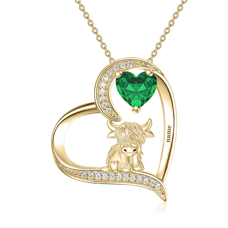 Sterling silver Heart Round Birthstone Highland Cow Pendant Necklace