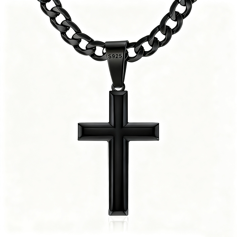 Sterling Silver Cross Pendant Necklace with 5mm Stainless Steel  Cuban Link Chain