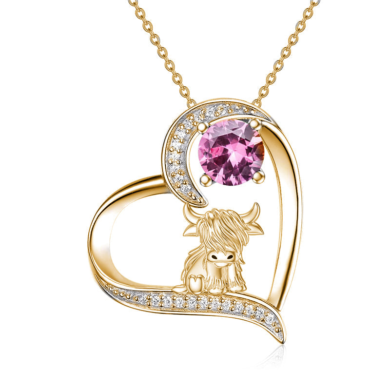 14K Gold 12 Months Birthstone Highland Cow Pendant Necklace
