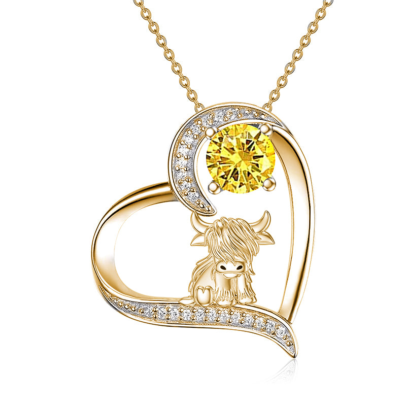 14K Gold 12 Months Birthstone Highland Cow Pendant Necklace