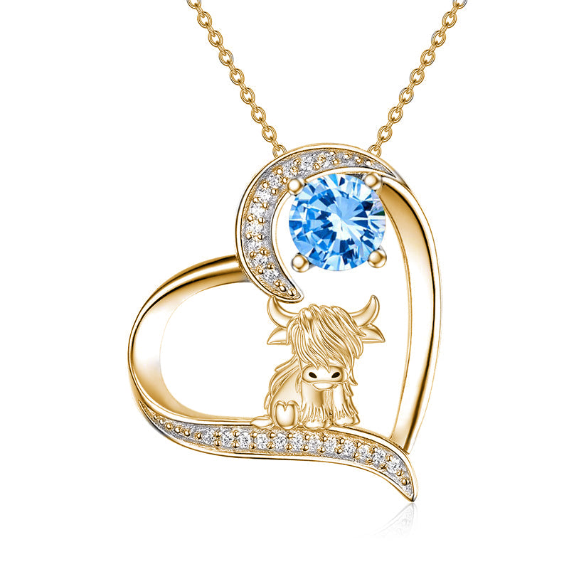 14K Gold 12 Months Birthstone Highland Cow Pendant Necklace
