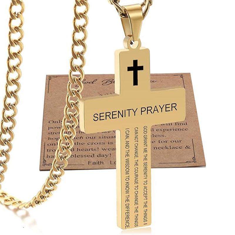 Stainless Steel Bible Verse Cross Necklace for Men with Cuban Chain
