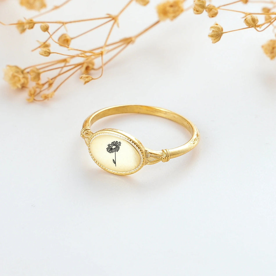 Sterling Silver Personalized Birth Flower Ring Wildflower Nature Ring