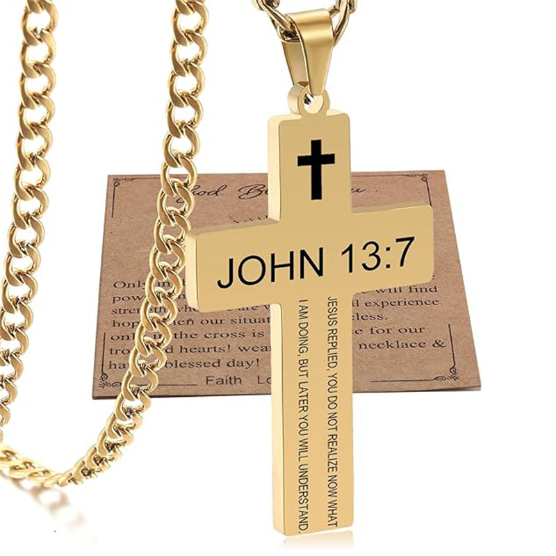 Stainless Steel Bible Verse Cross Necklace for Men with Cuban Chain