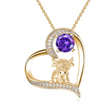 14K Gold 12 Months Birthstone Highland Cow Pendant Necklace