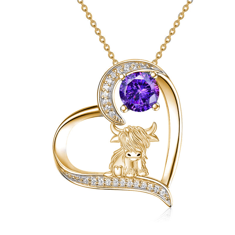 14K Gold 12 Months Birthstone Highland Cow Pendant Necklace