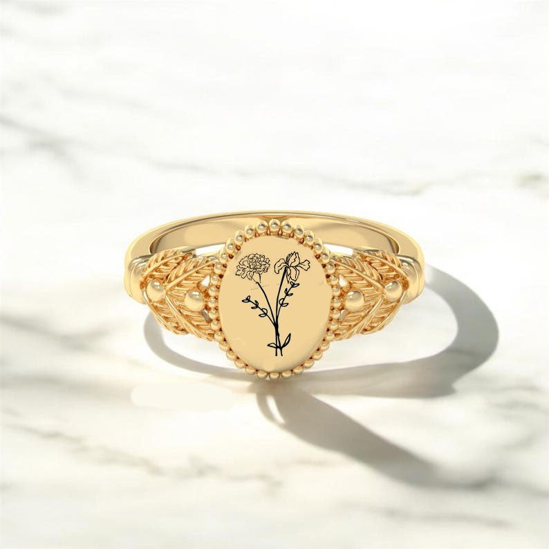 Sterling Silver Personalized  Birth Flower Ring Bouquet Nature Ring