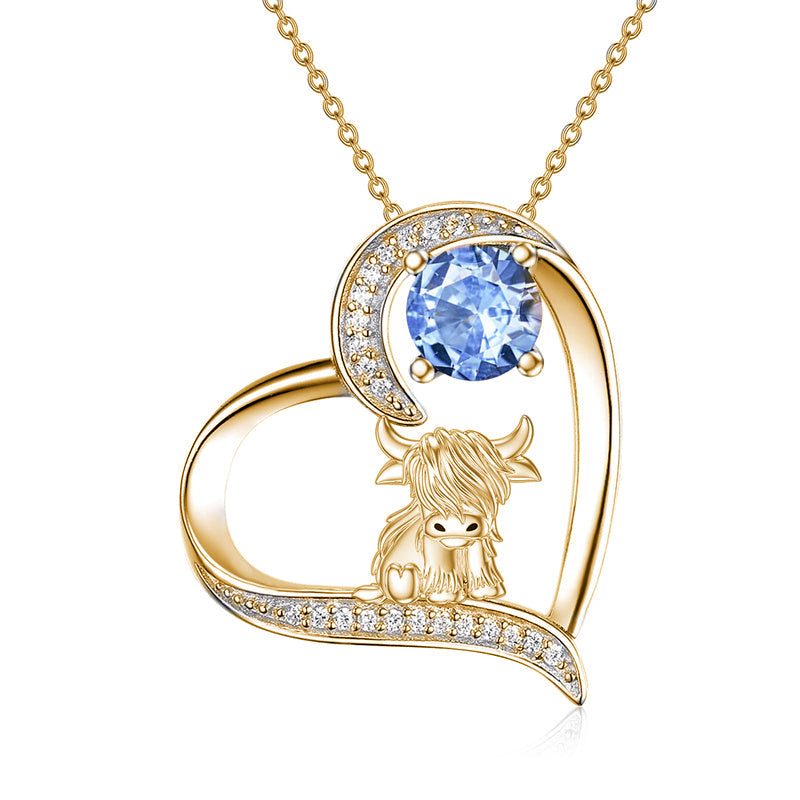 14K Gold 12 Months Birthstone Highland Cow Pendant Necklace