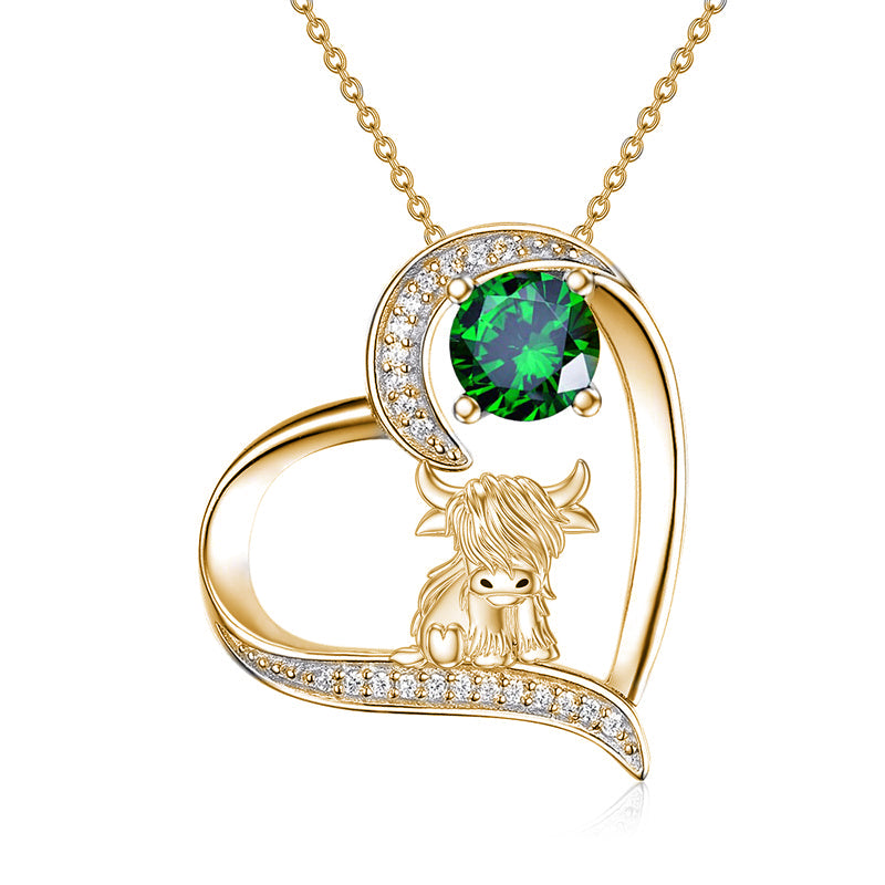 14K Gold 12 Months Birthstone Highland Cow Pendant Necklace