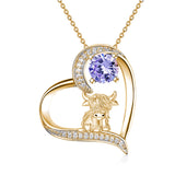 14K Gold 12 Months Birthstone Highland Cow Pendant Necklace