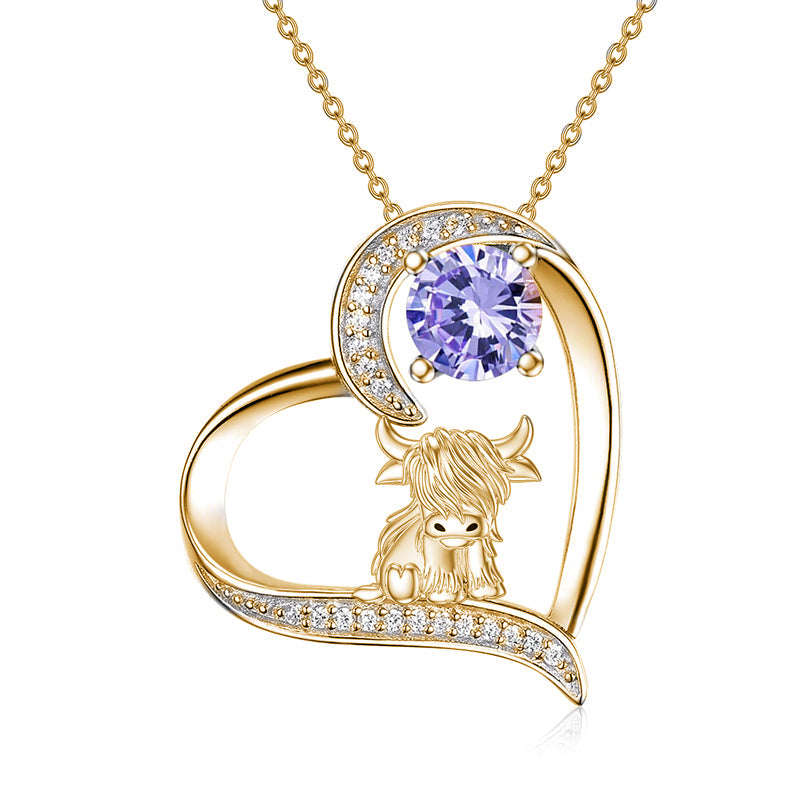 14K Gold 12 Months Birthstone Highland Cow Pendant Necklace
