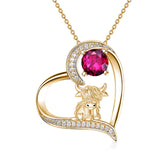 14K Gold 12 Months Birthstone Highland Cow Pendant Necklace